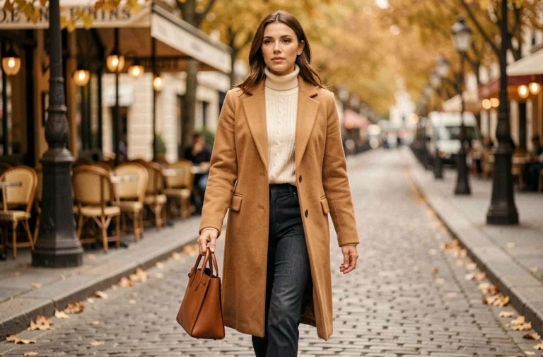 Femme élégante en manteau camel et col roulé crème marchant dans une rue pavée parisienne en automne, illustrant les tendances mode de la saison