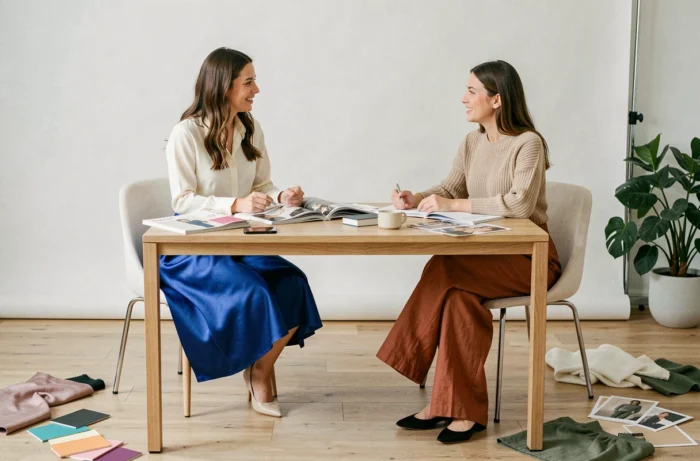 Deux femmes stylées discutant de tendances mode dans un studio créatif entouré de magazines et de nuanciers, illustrant l'inspiration et les styles incontournables de la saison