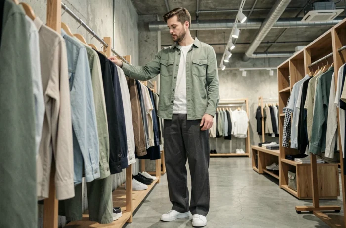 Homme tendance en tenue urbaine layering vert sauge et pantalon large gris dans un concept store minimaliste, incarnant les styles mode incontournables de la saison