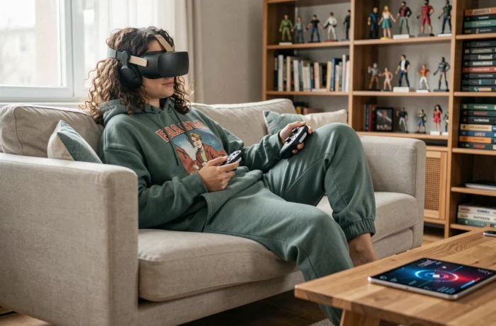 Femme portant un casque de réalité mixte dans un salon high-tech minimaliste