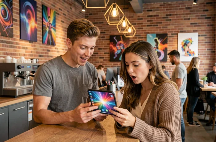 Deux jeunes découvrant un smartphone pliable dans un espace de coworking tendance