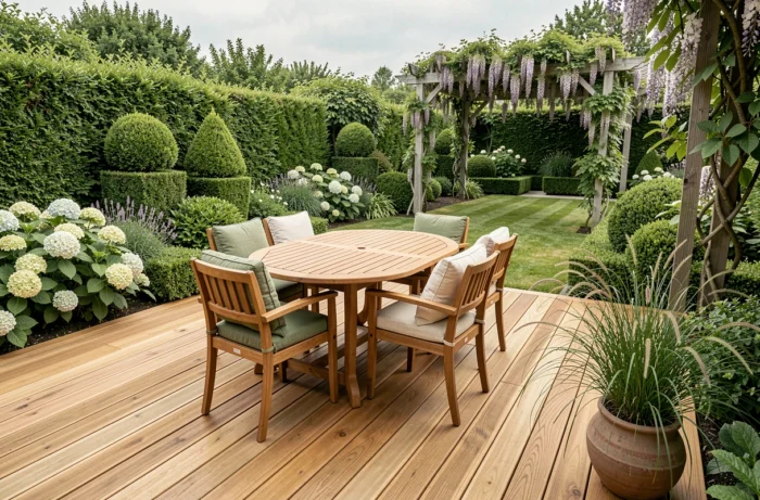 Terrasse de jardin aménagée avec une table en teck, des coussins en lin et une pergola couverte de glycine entourée de végétation soignée