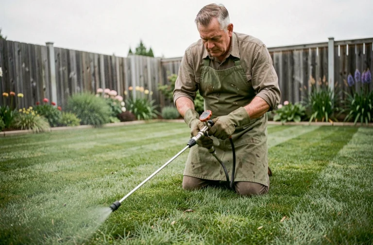 Homme appliquant un traitement herbicide sélectif sur une pelouse fraîchement tondue avec un pulvérisateur à pompe dans un jardin résidentiel