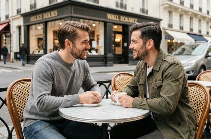 Deux hommes attablés en terrasse d'un bistrot parisien, évoquant la vie de couple et l'intimité dans le contexte de l'article sur Yoann Usai