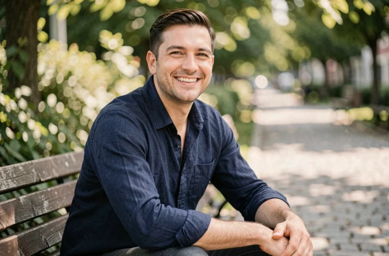 Portrait d'un homme souriant en chemise marine dans un parc urbain, illustrant un article sur la vie privée de Yoann Usai